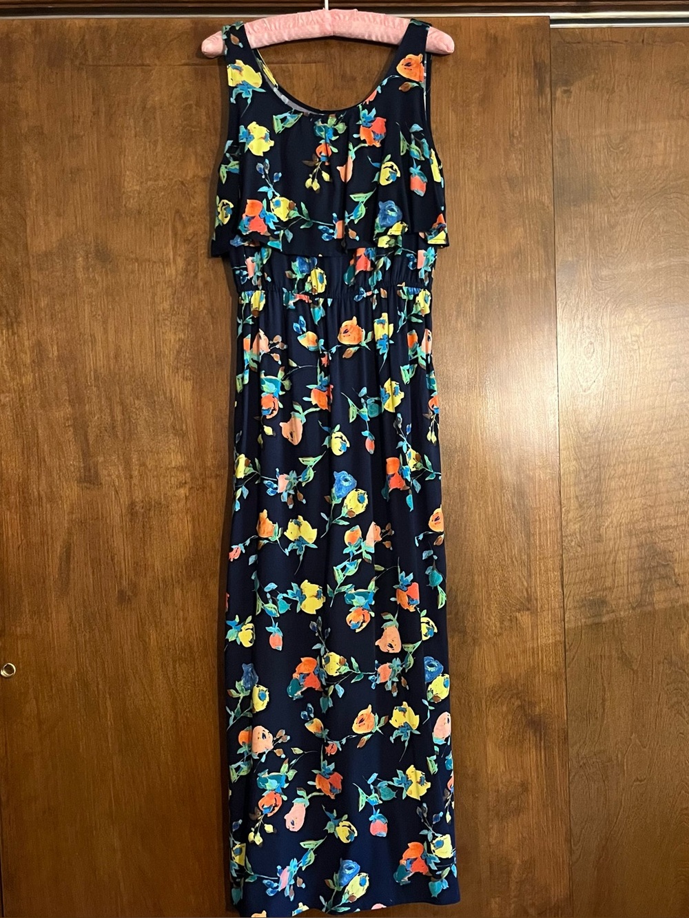 Deep Navy Blue Floral Maxi Dress with Ruffle Bodice vintage 70’s Boho